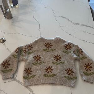 Zara Beige Floral Sweater with Green Accents